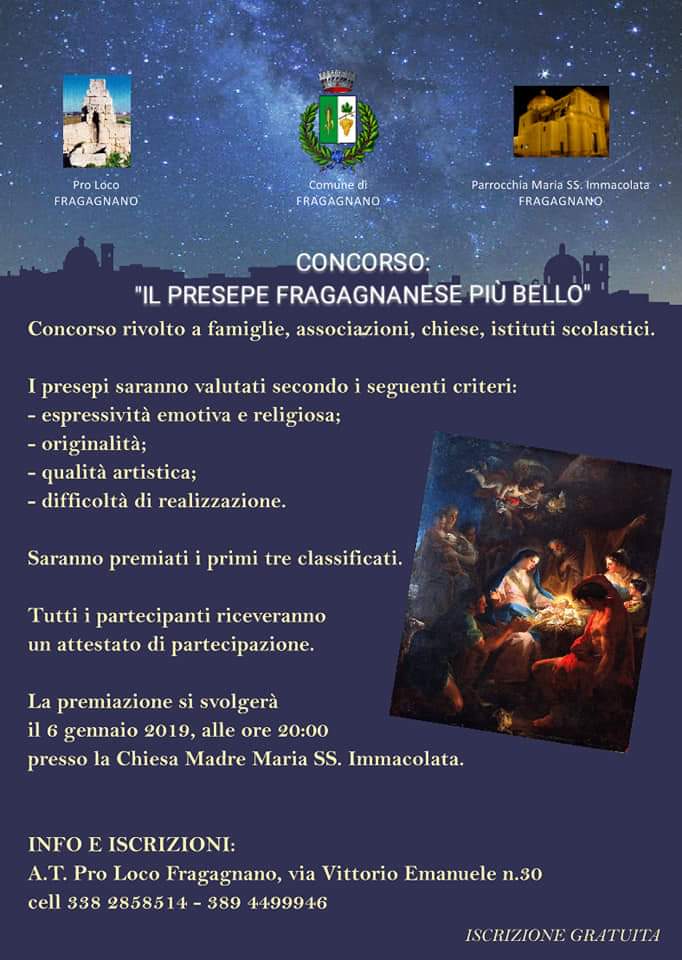 Fragagnano (TA) – Concorso: “IL PRESEPE FRAGAGNANESE PIÙ BELLO – NATALE 2018″