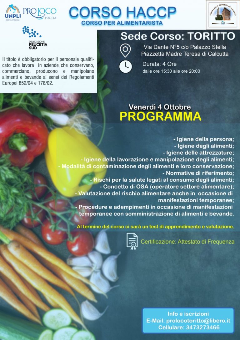 Toritto (BA) – corso di formazione per alimentarista/HACCP