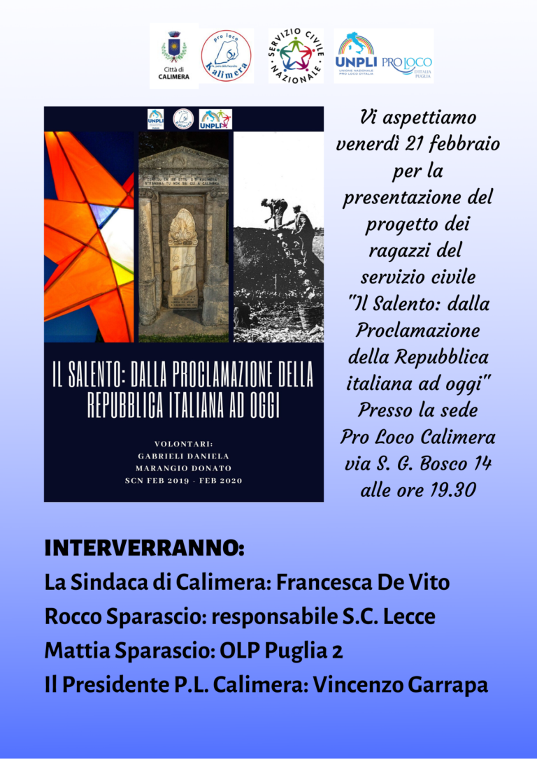 Calimera (LE) – Presentazione “Il Salento: dalla proclamazione della Repubblica Italiana ad oggi”
