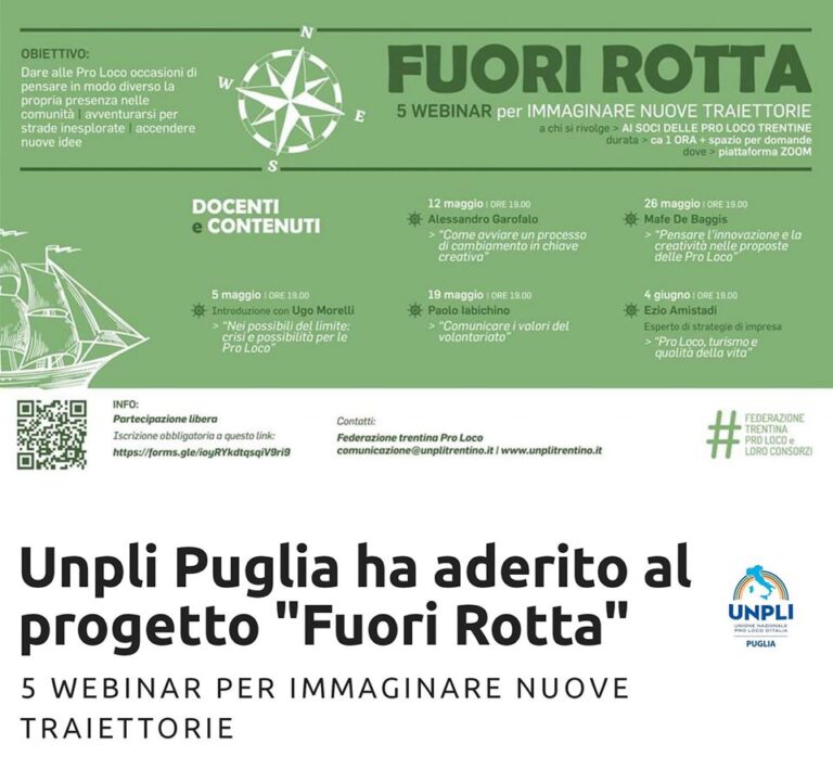 Webinar di formazione delle Pro Loco trentine, Unpli Puglia aderisce: “Unità e professionalità”