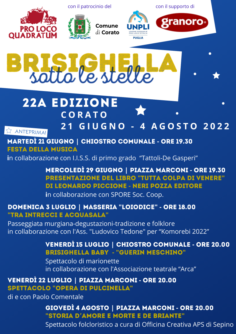 Corato (BA) – Brisighella sotto le stelle 2022: l’Estate Coratina inizia tra avventure, iniziative per i bambini, Murgia e briganti