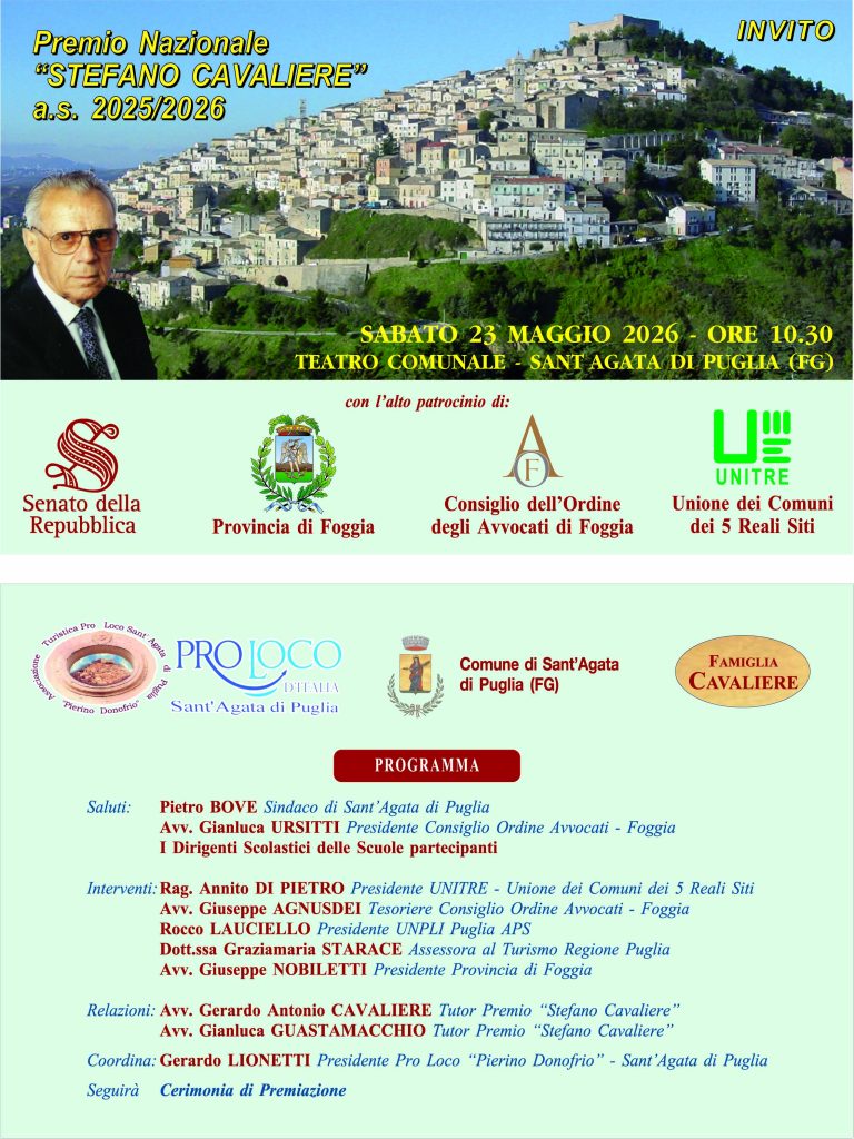 Sant’Agata di Puglia (FG): XVII EDIZIONE DEL PREMIO “STEFANO CAVALIERE “ NELLA GIORNATA NAZIONALE PER LA LEGALITA’